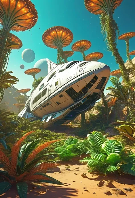 space ship crashed on planet, covered by climbing alien plants