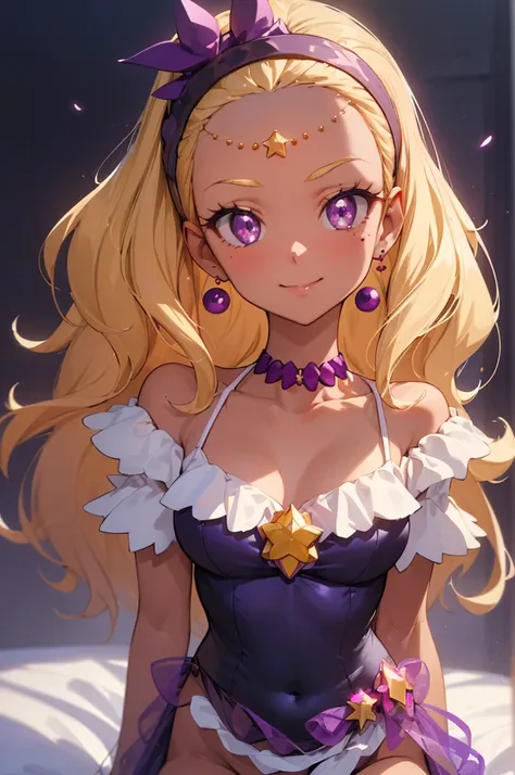 (masterpiece, best quality:1.2), 1girl, solo, looking at viewer, (curesol), , star hair ornament, hairband, earrings, purple choker,negligee, looking at viewer, smile, closed mouth, dark persona, dark magical girl,see through,