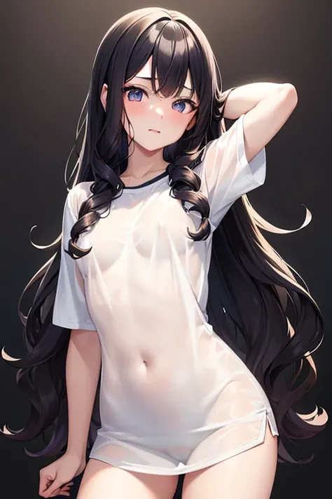 18 year old American girl, Video Gamer, Wearing a semi-transparent short T-shirt, Black Hair, ((blush: 0.8)), Natural skin texture, 4K Textures, Very detailed, Insane Details, pale colour , ((Long Wavy Hair)), ((smile: 0.4)), (No pants: 0.2), ((Look straig...