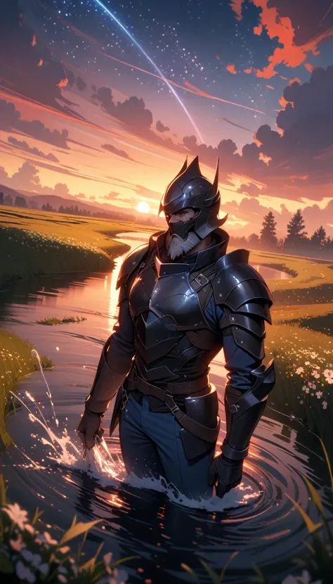 ((best quality)) , ((masterpiece)) , (detailed)，1boy, male focus, solo, shirt, helmet, pants, denim, armor, facial hair, blue pants, gloves, beard, jeans, holding,beautiful and delicate water, the finest grass, very delicate light, nature, painting, water ...