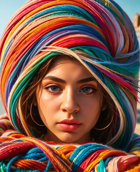 a girl running away from a huge ball of yarn, beautiful detailed eyes, beautiful detailed lips, extremely detailed eyes and face...