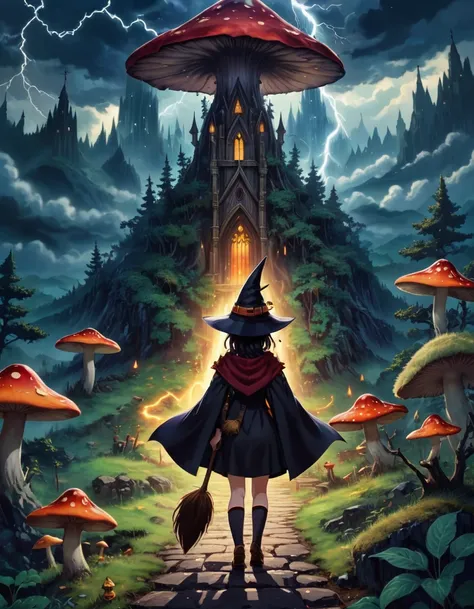 strategy game style 1girl megumin, witch hat, cape, staff, from the back, back to , 
mushroom forest art deco cathedral outside,...