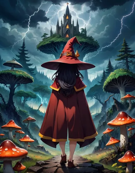 strategy game style 1girl megumin, witch hat, cape, staff, from the back, back to , 
mushroom forest art deco cathedral outside,...