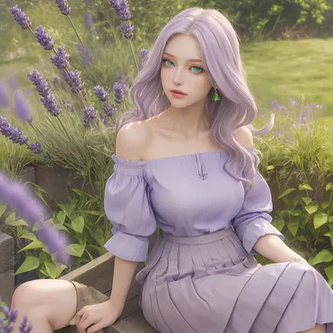 A beautiful woman with long straight lavender hair wearing an off-the-shoulder shirt and skirt with green eyes sitting in a garden