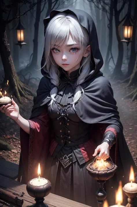 Evil skeleton in a clearing in the middle of a cursed forest, 黑magic, spellbook, Smoky, A threatening smile, Mysterious cloak, Bright Eyes, strange atmosphere, lightning, Majestic castle, A stormy night, Twisted Team, magic花, Ominous shadow, Flying bats, L...