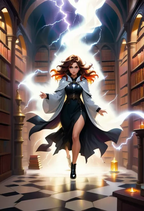 a masterwork picture of a sorceress casting a spell in magical library, exquisite beautiful woman, dynamic hair color, dynamic hair style, ((full body shot: 1.5)), ((anatomically correct: 1.5)),  (ultra detailed face: 1.2), best detailed face,  high detail...