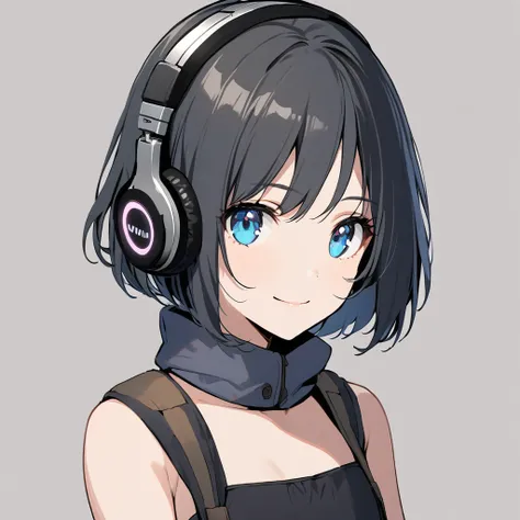 beautiful 1girl, solo, gentle smile on her face flat chest, short hair, black hair, blue eyes, young, adult woman, blank background, while wearing wireless headphones