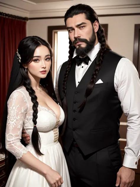 A man with a perfect face stands next to a woman with a perfect face. They both want wedding clothes and they stand in the guest room with a red cake in front of themThe woman has very long black hair, styled in braids, and the man has a large beard and mu...