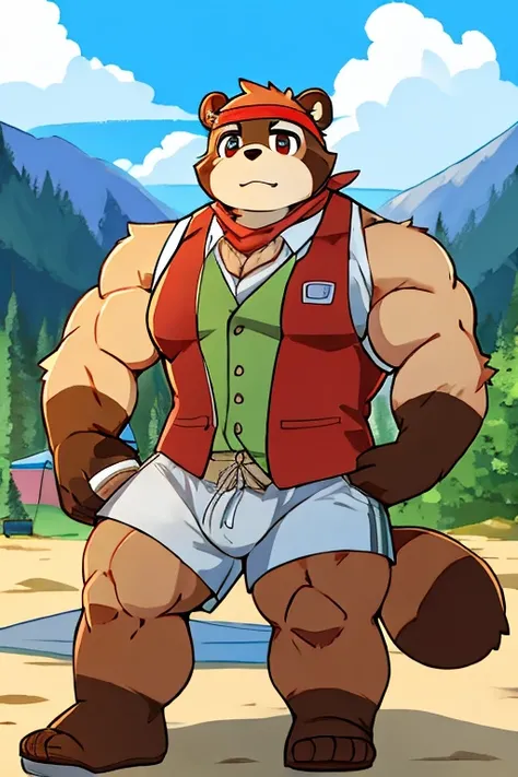 Tanuki, light brown vest, light coffee shorts, red bandana on the neck, tanuki tail, camper, muscular