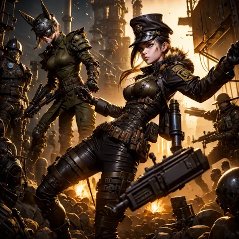 a woman in a steampunk military uniform is ready to fight in a battlefield, surrounded by threatening surreal figures.