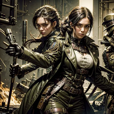 a woman in a steampunk military uniform is ready to fight in a battlefield, surrounded by threatening surreal figures.