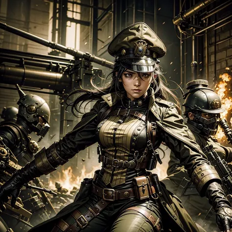 a woman in a steampunk military uniform is ready to fight in a battlefield, surrounded by threatening surreal figures.