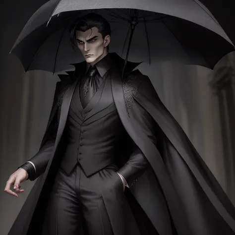 Create an image of an imposing and elegant vampire man, alone in a dark environment. He has bright green eyes that give off an enigmatic glow.. Your hair is short, black and well stylized. He wears a black velvet cape with dark red lining., that flows grac...