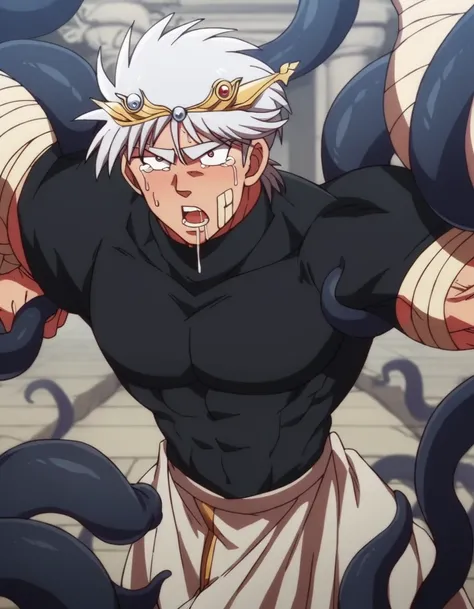 Hünkel,bandage,Silver Hair,Well-trained muscles,18-year-old boy,Huge penis,((Being pinned down by black tentacles)),Open your arms wide and clench your fists,Open your mouth wide,Wide, unfocused eyes,Many protruding veins,((Countless black tentacles forcef...