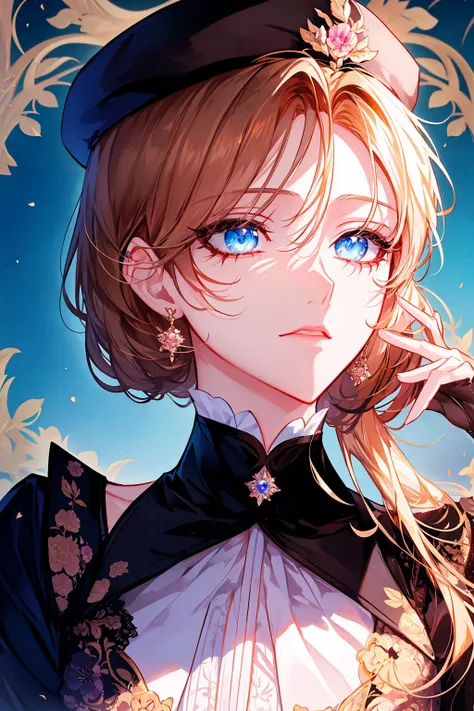 (Shoujo style), floral background, Romance Manhwa, manhwa landscape, (mature women aligned), shiny gloves and black beret, glamorous proportion, brown hair, (beautiful eyes), (detailed students), perfect face, Focus on face, (shoulder straps), salute
, Shi...