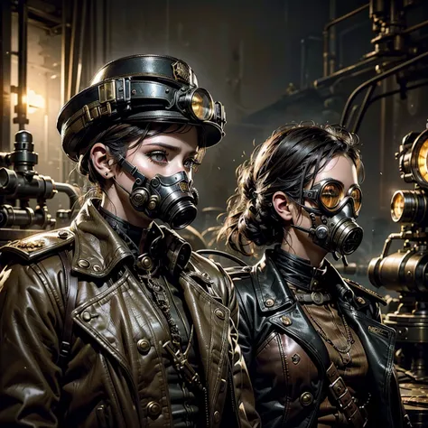 a steampunk woman in a steampunk military uniform, surreal battlefield, detailed face and eyes, intricate machinery, gears, cogs, brass, copper, goggles, gas mask, metal, steam, dramatic lighting, moody atmosphere, cinematic, epic, fantasy, concept art, di...