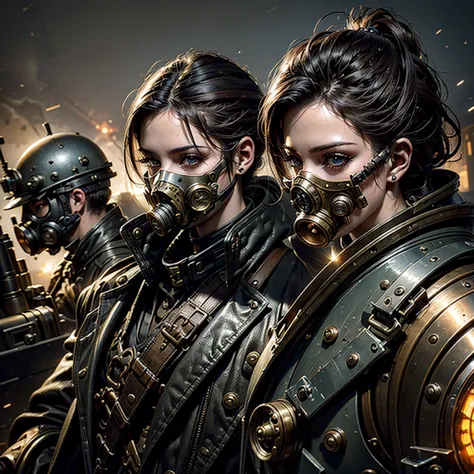 a steampunk woman in a steampunk military uniform, surreal battlefield, detailed face and eyes, intricate machinery, gears, cogs, brass, copper, goggles, gas mask, metal, steam, dramatic lighting, moody atmosphere, cinematic, epic, fantasy, concept art, di...