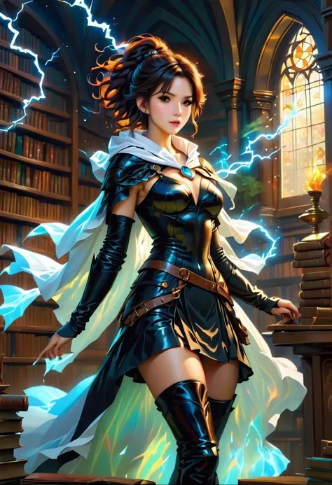 a masterwork picture of a sorceress casting a spell in magical library, exquisite beautiful woman, dynamic hair color, dynamic hair style, ((full body shot: 1.5)), ((anatomically correct: 1.5)), (ultra detailed face: 1.2), best detailed face, high details,...