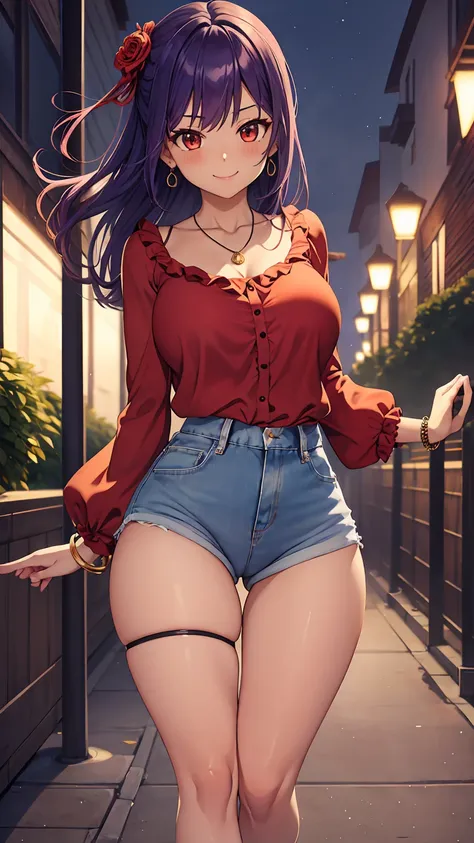 1girl, anime girl, anime, (dark skin), stylish girl, bracelet, necklace, earrings, 2d girl, 18y, (fullbody), standing, anime girl, seductive smile, (purple hair), flowing hair, hair flowing in the wind, ((red blouse)), Solo, Slim, Big Breasts, Tight Shorts...