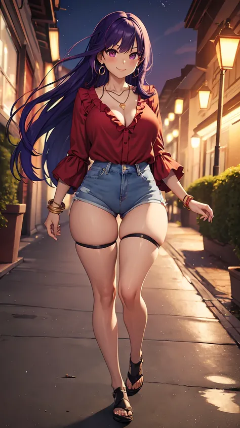 1girl, anime girl, anime, (dark skin), stylish girl, bracelet, necklace, earrings, 2d girl, 18y, (fullbody), standing, anime girl, seductive smile, (purple hair), flowing hair, hair flowing in the wind, ((red blouse)), Solo, Slim, Big Breasts, Tight Shorts...