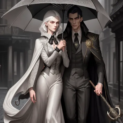 Create an image of a distinguished and imposing vampire man, lonely on a rainy night. His green eyes are piercing, as if capturing the light of a moon hidden by clouds. Your hair is short, black and well trimmed, highlighting the angular shape of your face...