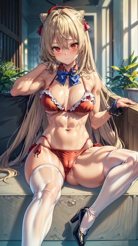 (((1 lolita girl))), when he plows, (Red eyes: 1.5), blond hair, (blond hair: 1.1), by the wide, conical bun, hair ornament, hair shots, He drowned, Stripe, blue bow tie, (tight short bikini, ((red bikini)), white thighs, white thigh highs), has, (muscular...