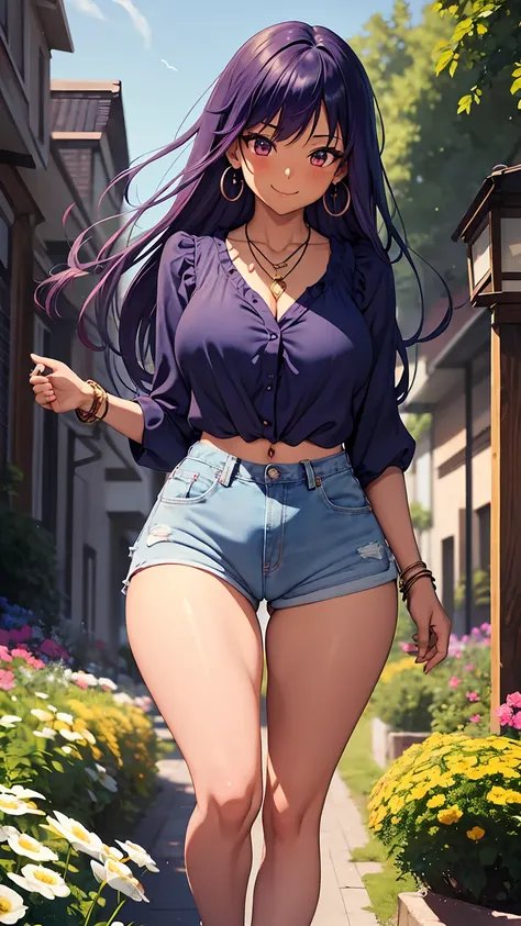 1girl, anime girl, anime, (dark skin), stylish girl, bracelet, necklace, earrings, 2d girl, 18y, (fullbody), standing, anime girl, seductive smile, (purple hair), flowing hair, hair flowing in the wind, ((darkblue blouse)), Solo, Slim, Big Breasts, Tight S...