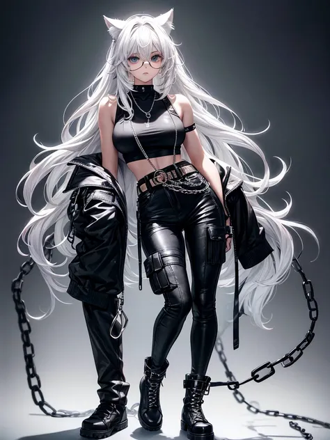 1. **Hair**: Shoulder-length white hair, slightly messy and wavy. In a human version, it can be depicted as naturally white hair, styled to appear tousled and a bit unkempt, adding to a rebellious look.

2. **Eyes and Glasses**: The character wears round g...