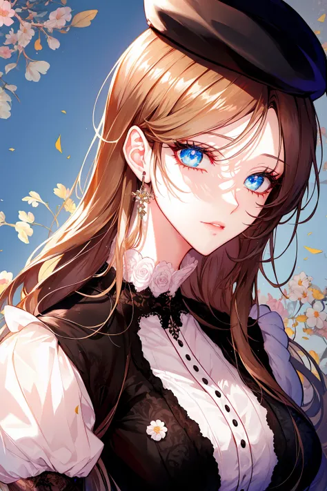 (Shoujo style), floral background, Romance Manhwa, manhwa landscape, (mature women aligned), shiny gloves and black beret, glamorous proportion, brown hair, (beautiful eyes), (detailed students), perfect face, (shoulder straps), 
, Shiny skin, mascara, lon...