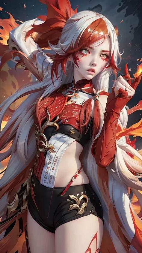 anime girl with flowing, fiery red hair and intricate white highlights, her eyes burning with rage and her hand clenched into a ...