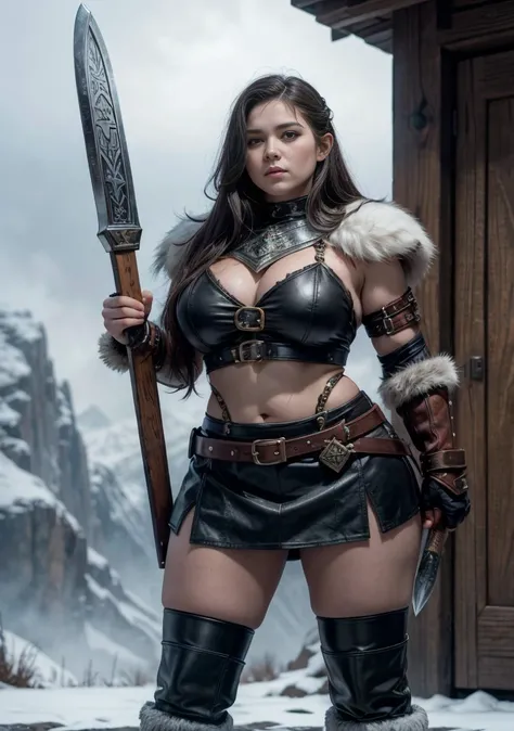 a painting of a powerful mountain dwarf holding a combat hammer, in furry bearskin armor for cold weather covering his breastplate, she only wears furry leather pants that cover her powerful muscular thighs, she wears furry leather boots, holding a large W...