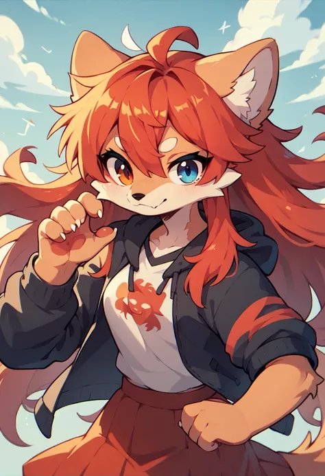 1girl furry,wolf , colorful hair, ,, red hair dye tips in hair, long hair, skirt, hoodie, blue and red,one blue eye, one orange eye