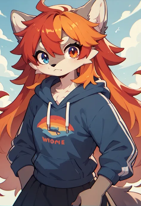 1girl furry,wolf , colorful hair, ,, red hair dye tips in hair, long hair, skirt, hoodie, blue and red,one blue eye, one orange eye