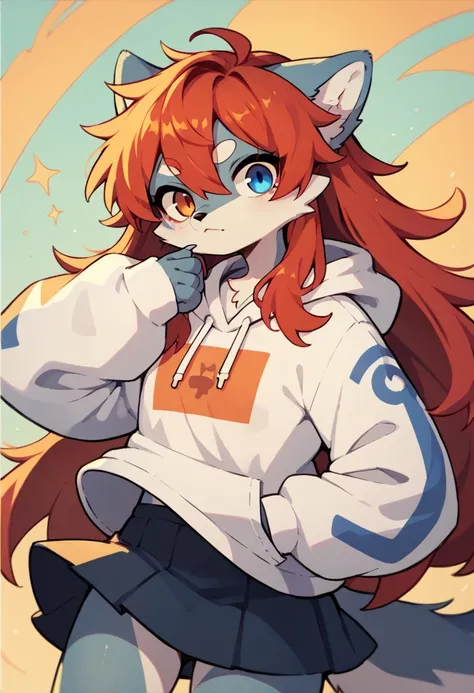 1girl furry,wolf , colorful hair, ,, red hair dye tips in hair, long hair, skirt, hoodie, blue and red,one blue eye, one orange eye