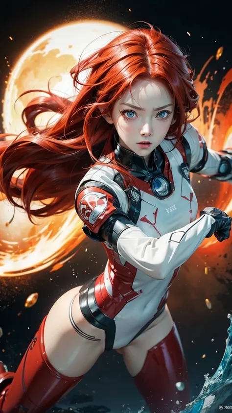 Anime girl with red hair and white details, detailed anime face with expressive eyes and a mad expression, clenching her fist, shown in a half-body view set in a vibrant splash art background