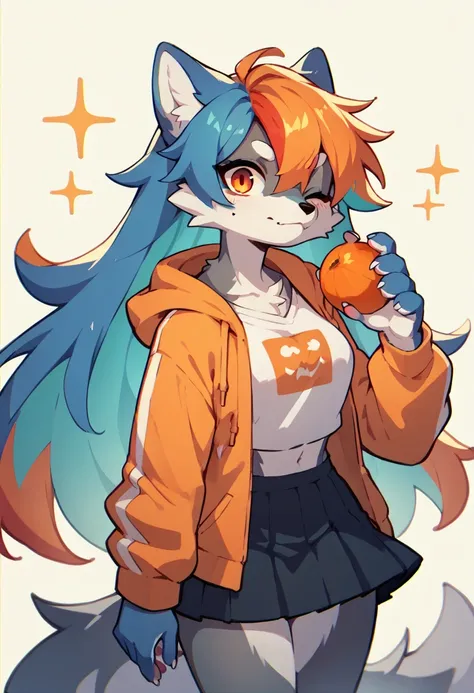 1girl furry,wolf , colorful hair,long hair, skirt, hoodie, blue and red,one blue eye, one orange eye