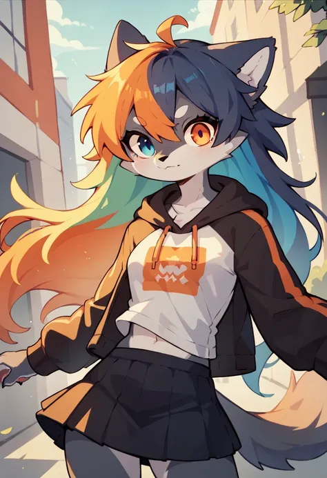 1girl furry,wolf , colorful hair,long hair, skirt, hoodie, blue and red,one blue eye, one orange eye