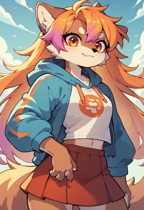 1girl furry,wolf , colorful hair,long hair, skirt, hoodie, blue and red,one blue eye, one orange eye