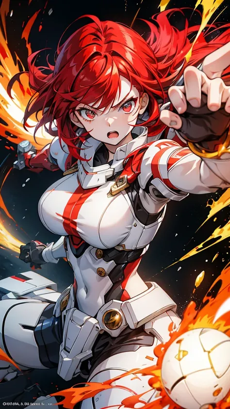 Anime girl with red hair and white details, detailed anime face with expressive eyes and a mad expression, clenching her fist, shown in a half-body view set in a vibrant splash art background