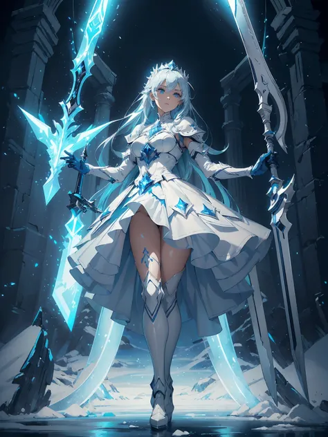 (((masterpiece, best quality, high detailed, 8k))) Design a layout showcase Gaming character, (1girl). Blue+White clothes, stylish and unique. ((showcase weapon:1.4)), ice spear. (masterpiece:1.2), (best quality), 4k, ultra-detailed. (Step by step design, ...