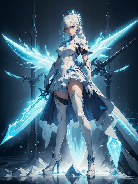 (((masterpiece, best quality, high detailed, 8k))) Design a layout showcase Gaming character, (1girl). Blue+White clothes, stylish and unique. ((showcase weapon:1.4)), ice spear. (masterpiece:1.2), (best quality), 4k, ultra-detailed. (Step by step design, ...