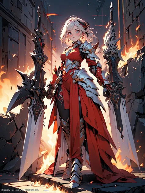 Design a layout showcase Gaming character, (1girl). Gold+Red clothes, fiery and majestic, ((showcase weapon:1.4)), flame whip, (masterpiece:1.2), (best quality), 4k, ultra-detailed, (Step by step design, layout art:1.5), (flaming lighting, fiery setting), ...