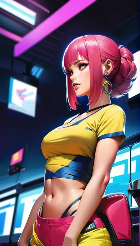 cyberpunk woman, pale skin, pawg, Bronx t-shirt, intricate cyberpunk outfit, bold colors, patterns, eye-catching accessories, trendy hairstyle, (best quality,4k,8k,highres,masterpiece:1.2),ultra-detailed,(realistic,photorealistic,photo-realistic:1.37),dram...