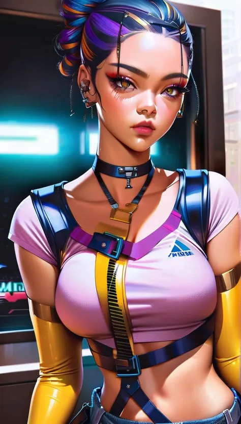 cyberpunk woman, pale skin, pawg, Bronx t-shirt, intricate cyberpunk outfit, bold colors, patterns, eye-catching accessories, trendy hairstyle, (best quality,4k,8k,highres,masterpiece:1.2),ultra-detailed,(realistic,photorealistic,photo-realistic:1.37),dram...