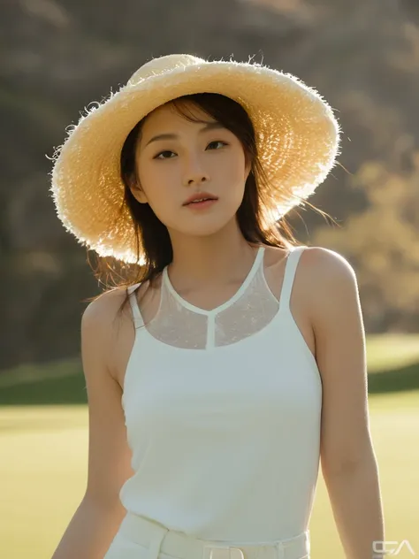 Jang Gyu-ri,1 woman, dynamic angle, golf course, white golf clothes, With golden accessories,Light Tracing, (wind blowing dust:1.2) in the foreground,(floating hair:1.1), hot sun,white hat,professional model, (realistic:1.4), official art, fractal art,unit...