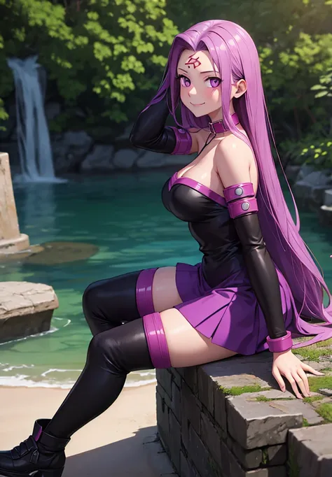 1girl, purple hair, absurdly long hair, forehead mark, purple eyes, animal collar, short dress, skirt, detached sleeves, arm belt, bracelet, thighhighs, sitting, from side, looking at viewer, smile, teeth, outdoors, ruins  score_9, score_8_up, score_7_up, ...