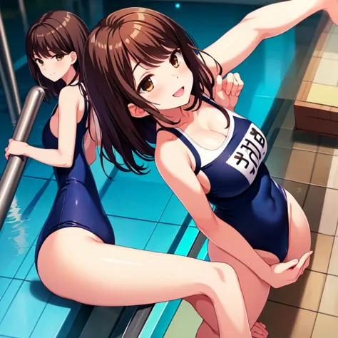 (masterpiece, Highest quality), Highly detailed background, perfect lightingHighest quality, Shiina Komi, alone, Brown Hair, Medium Hair, Brown eyes, Large Breasts,  (Voice of the Heart:1.2),School Swimsuit.  smile, blush, (Front view)　Pool　stretch　１Girl