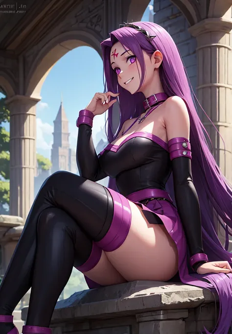 1girl, purple hair, absurdly long hair, forehead mark, purple eyes, animal collar, short dress, skirt, detached sleeves, arm belt, bracelet, thighhighs, sitting, from side, looking at viewer, smile, teeth, outdoors, ruins  score_9, score_8_up, score_7_up, ...