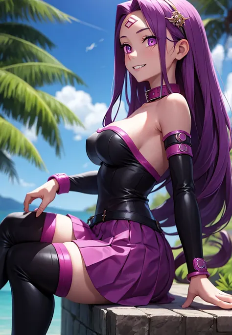 1girl, purple hair, absurdly long hair, forehead mark, purple eyes, animal collar, short dress, skirt, detached sleeves, arm belt, bracelet, thighhighs, sitting, from side, looking at viewer, smile, teeth, outdoors, ruins  score_9, score_8_up, score_7_up, ...