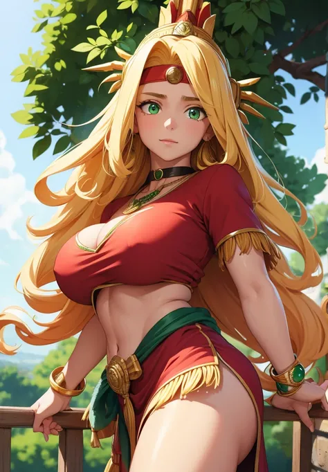 quetzalcoatl, quetzalcoatl, long hair, sidelocks, yellow hair, (green eyes:1.5), wavy hair, (large breast:1.2),
BREAK aztec, bracelet, choker, headband, headdress, jewelry, midriff, navel, short sleeves, wristlet,
BREAK looking at viewer,
BREAK outdoors,
B...